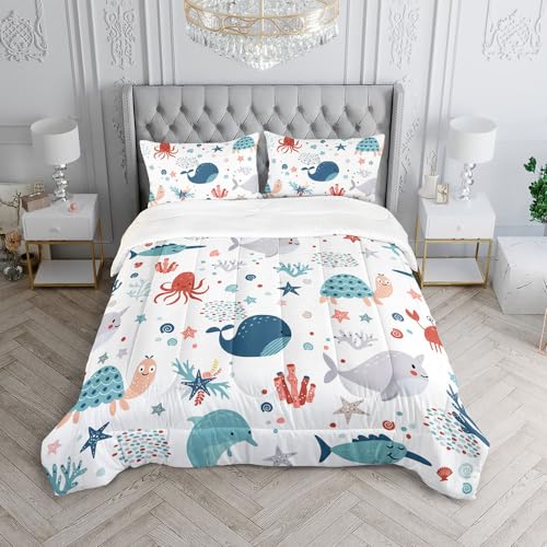 XYNHML Kids Turtle Comforter Set Twin Beach Theme Dolphin Starfish Seaweed Bedding Set Sea Animal Octopus Reptile Bed Set with 2 Pillowcases for Boys Girls Room Decor - Image 3