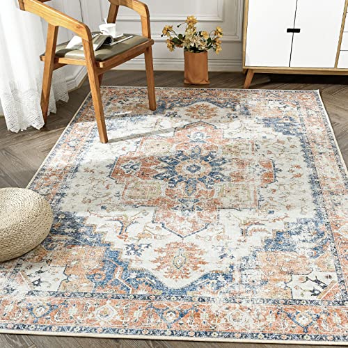 jinchan Kelda Area Rug 5x7 Washable Bedroom Rug Vintage Indoor Floor Cover Distressed Lightweight NonSlip Low Pile Thin Mat Accent Stain Resistant Carpet for Living Room Dining Room Office Orange - Image 1