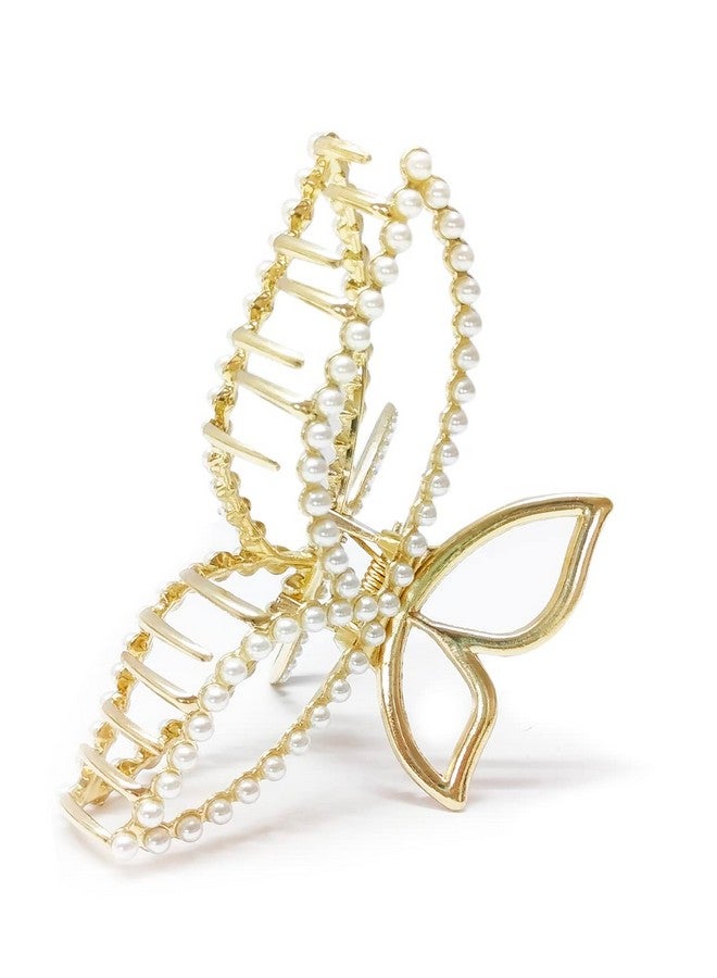 Fabula by OOMPH Jewellery Gold Tone White Pearls Butterfly Shape Big Large Hair Claw Hair Clip for Women & Girls Stylish Latest (HSSK80_AMR2) - Image 2