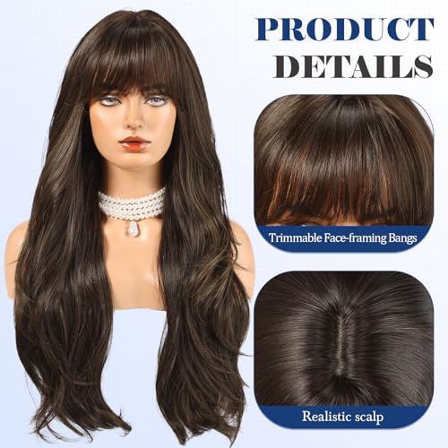 HAIRCUBE Long Brown Wig with Bangs Layered Curly Wigs for Women Natural Synthetic Wigs for Daily Use pelucas de cabello natural - Image 3
