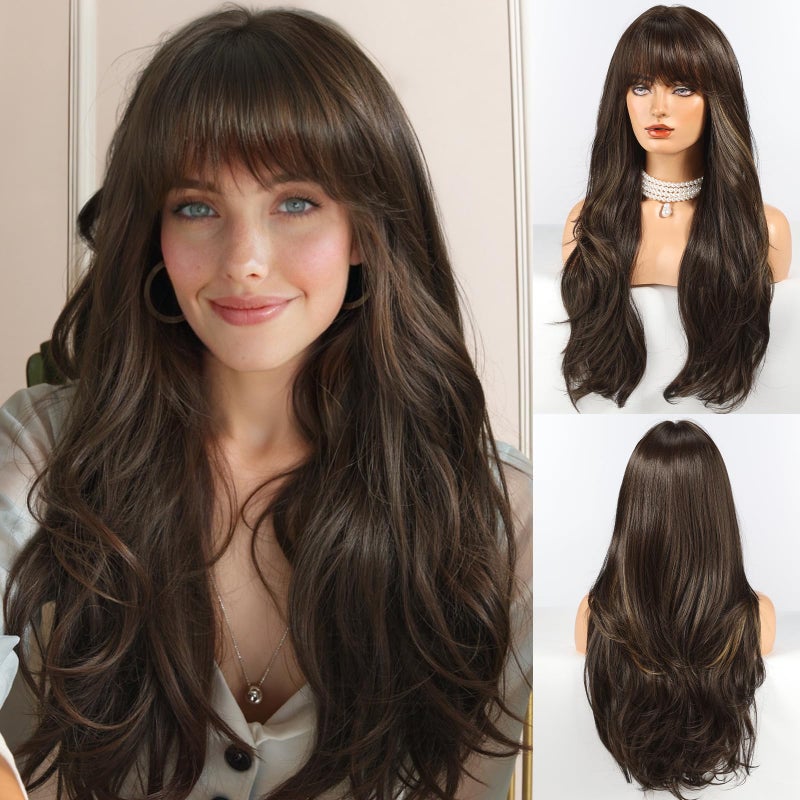 HAIRCUBE Long Brown Wig with Bangs Layered Curly Wigs for Women Natural Synthetic Wigs for Daily Use pelucas de cabello natural - Image 2