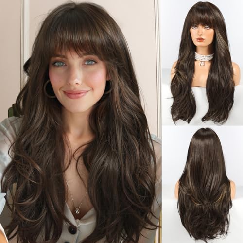 HAIRCUBE Long Brown Wig with Bangs Layered Curly Wigs for Women Natural Synthetic Wigs for Daily Use pelucas de cabello natural - Image 1