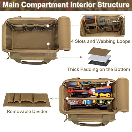 Rexmica 12-Inch Tool Bag with Anti-friction Bottom, Hand Tool Storage Organizer Bag for Men, Tactical Range Bag, Multi-purpose Work Tote for Repairman, Electrician, Carpenters, Handyman, Khaki - Image 2