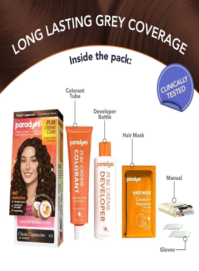 Paradyes Pure Crème Care No Ammonia Hair Color Classic Cappuccino 4.0 | Long-Lasting Crème Formula | Grey Coverage | Coconut Milk + Almond Oil + Hyaluronic Complex | Smooth & Shiny Finish | 60g+10 ml - Image 3