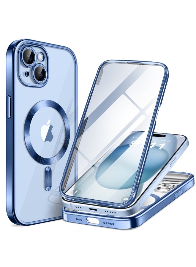 بيرفي جراب مغناطيسي لهاتف iPhone 15 متوافق مع Magsafe، جراب متين كامل الجسم مع واقي شاشة مدمج من الزجاج المقوى 9H وحماية كاملة للكاميرا، جراب هاتف شفاف مقاوم للصدمات لهاتف iPhone 15، أزرق - Image 1