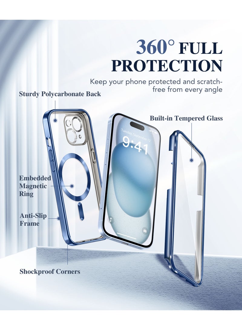 بيرفي جراب مغناطيسي لهاتف iPhone 15 متوافق مع Magsafe، جراب متين كامل الجسم مع واقي شاشة مدمج من الزجاج المقوى 9H وحماية كاملة للكاميرا، جراب هاتف شفاف مقاوم للصدمات لهاتف iPhone 15، أزرق - Image 2