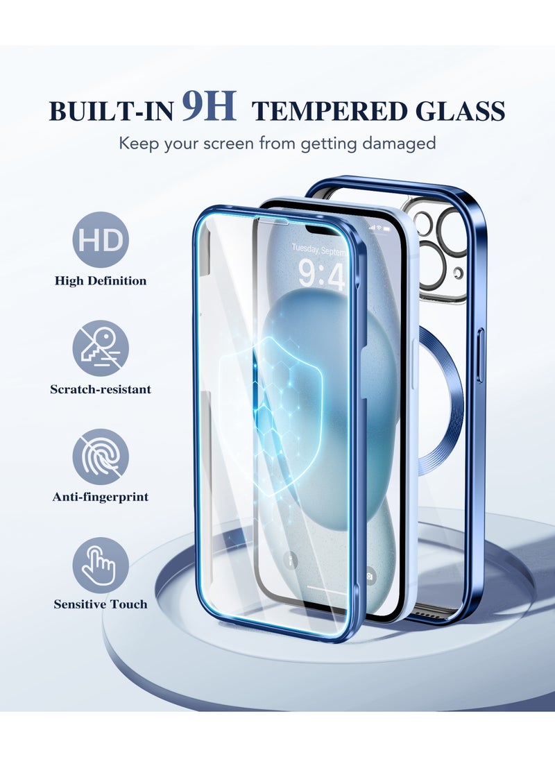 بيرفي جراب مغناطيسي لهاتف iPhone 15 متوافق مع Magsafe، جراب متين كامل الجسم مع واقي شاشة مدمج من الزجاج المقوى 9H وحماية كاملة للكاميرا، جراب هاتف شفاف مقاوم للصدمات لهاتف iPhone 15، أزرق - Image 4