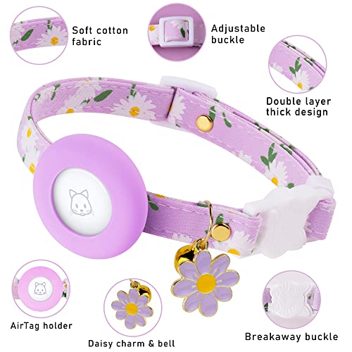 JXFUKAL Airtag Cat Collar, JXFUKAL Kitten Collar Breakaway with Silicone Airtag Holder, Bells & Flower Charm for Girl Cats Boy Cats Small Dogs(Purple) - Image 2