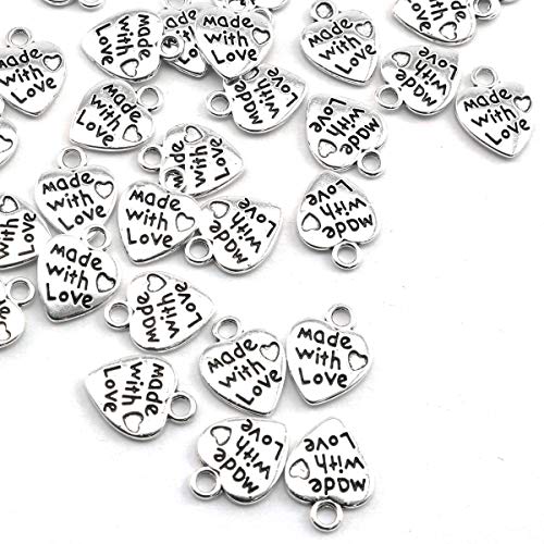 heyous 100pcs Heart Shape Charms Handmade Metal Labels Printed Made With Love Tag Labels Carving DIY Craft Necklace Bracelets Keychain Jewelry Making Findings Accessories Ancient Silver - Image 2