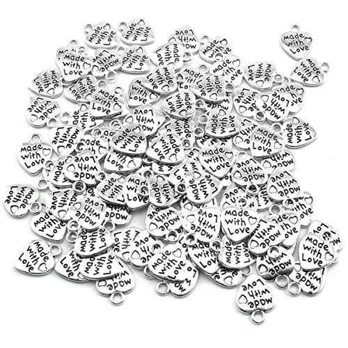 heyous 100pcs Heart Shape Charms Handmade Metal Labels Printed Made With Love Tag Labels Carving DIY Craft Necklace Bracelets Keychain Jewelry Making Findings Accessories Ancient Silver - Image 1