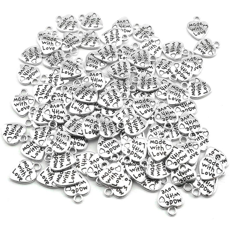 heyous 100pcs Heart Shape Charms Handmade Metal Labels Printed Made With Love Tag Labels Carving DIY Craft Necklace Bracelets Keychain Jewelry Making Findings Accessories Ancient Silver - Image 5