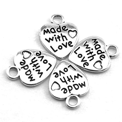 heyous 100pcs Heart Shape Charms Handmade Metal Labels Printed Made With Love Tag Labels Carving DIY Craft Necklace Bracelets Keychain Jewelry Making Findings Accessories Ancient Silver - Image 3