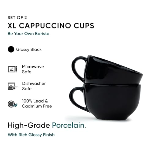 Shay Large Ceramic Coffee Cup Set of 2, Black, 320ml | Cappuccino Cup | Glossy Finish | Large Ceramic Coffee Cup | Microwave Safe (XL Cuppa - Full Black) - Image 3