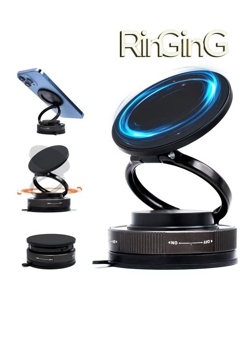 RinGinG ‌Upgraded Vacuum Magnetic Car Phone Mount - Features Dual Lock Anti-Vibration,Tri-Fold Design, 360° Rotating Foldable Dashboard Suction Cup Holder with N54 Strong Magnet, Universal Compatibility for Smartphones (Black)  - Image 1