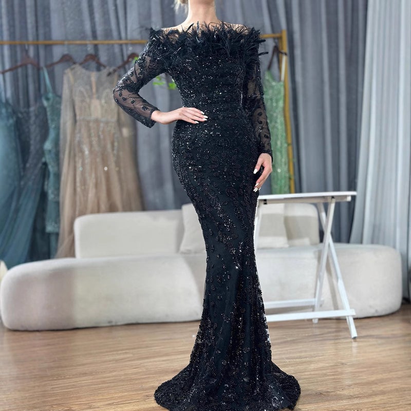 25 Export Black One-Shoulder Feather Fishtail Dress Accessible Luxury Elegant Elegant Celebrity Banquet Host Evening Dress - Image 4