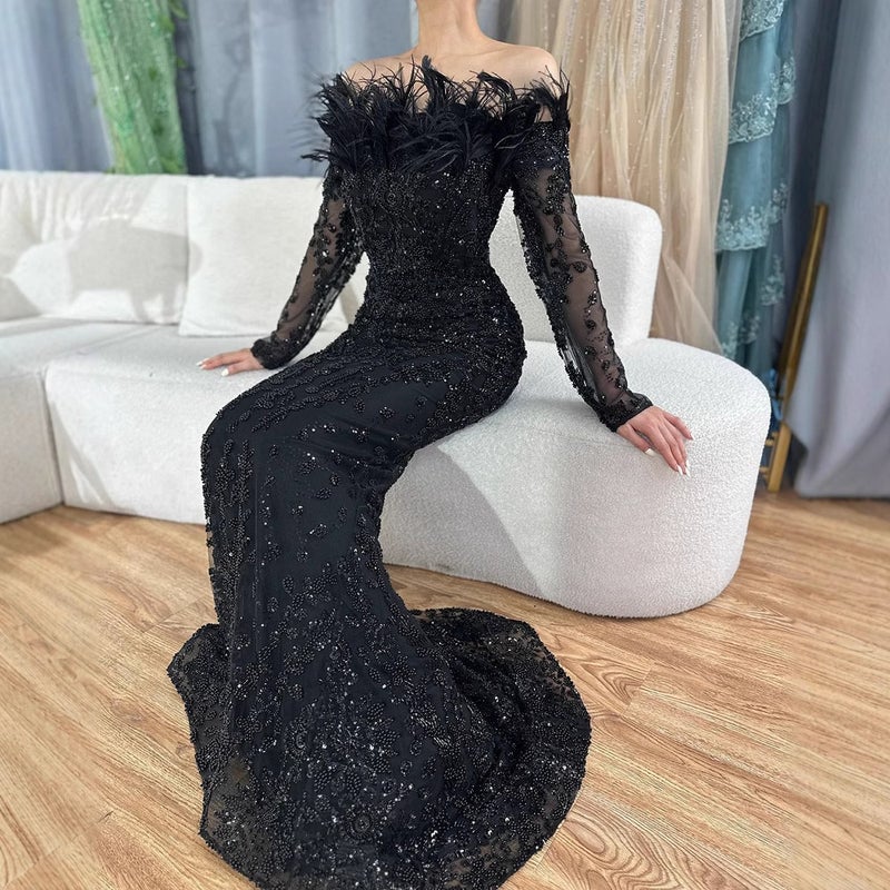 25 Export Black One-Shoulder Feather Fishtail Dress Accessible Luxury Elegant Elegant Celebrity Banquet Host Evening Dress - Image 5
