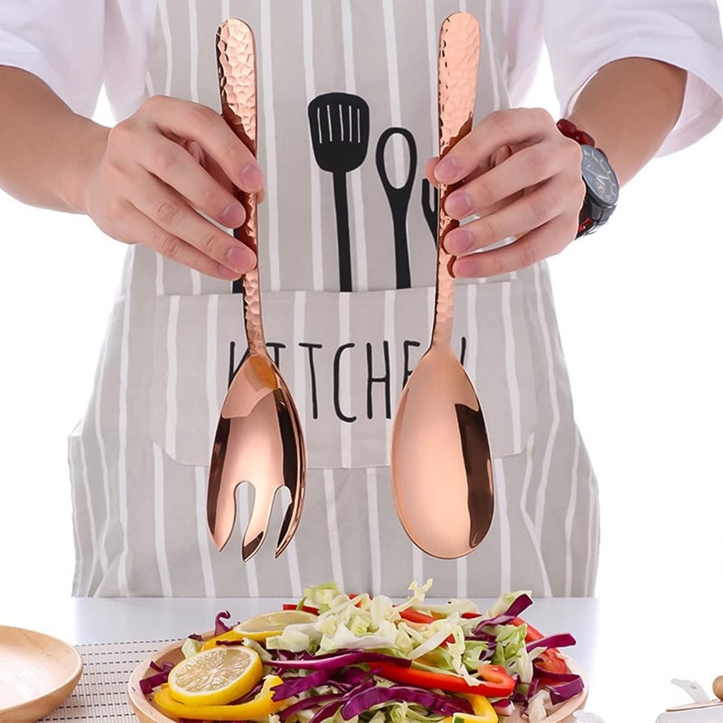 Ymeibe مجموعة أدوات تقديم السلطة من ملعقة وشوكة معدنية بتصميم مطروق من الفولاذ المقاوم للصدأ 1810، أدوات تقديم كبيرة للسلطة للمطبخ وحفلات البوفيه باللون الوردي الذهبي - Image 2