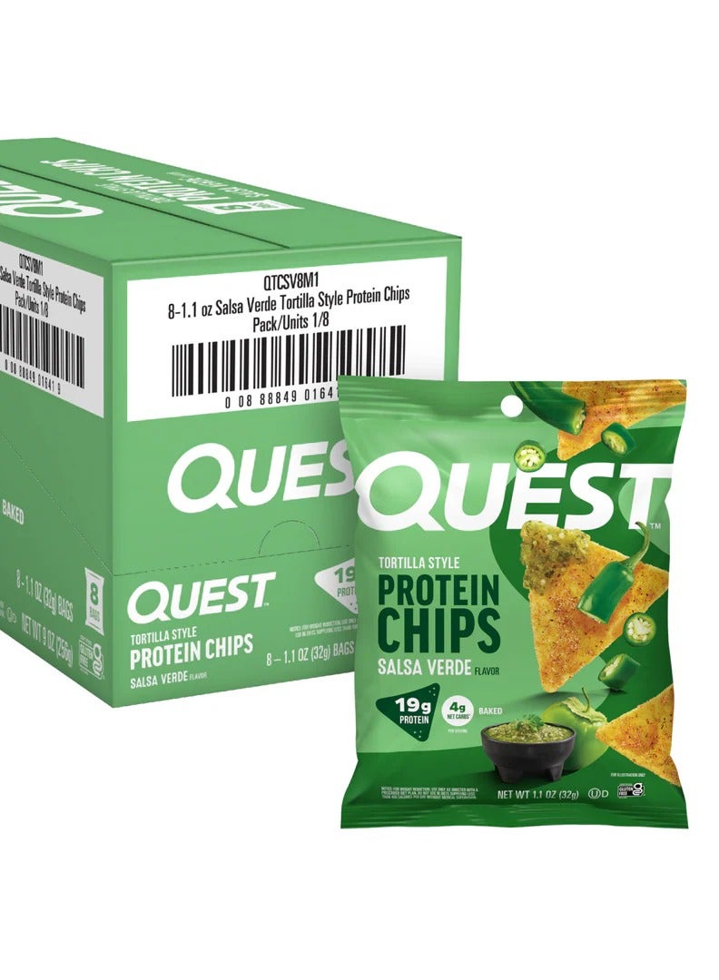 Quest Nutrition Quest Tortilla Style Protein Chips – Salsa Verde Flavor, High Protein, Gluten-Free, 32g (Box of 8 Bags) - Image 1
