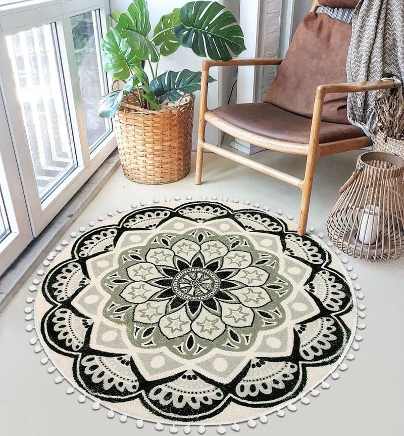 Uphome Round Rug 3ft Black Mandala Boho Rug with Pom Pom Fringe Non-Slip Washable Circle Bath Mat Soft Cute Blooming Medallion Throw Rug for Entryway Bedroom Powder Living Room Nursery - Image 1