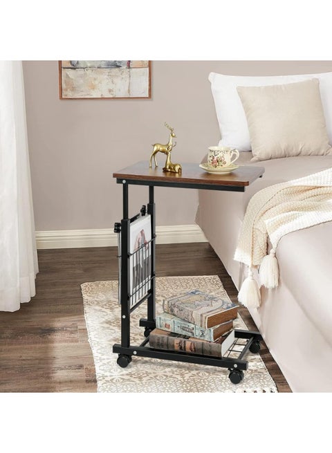 طاولة جانبية مع عجلات وسلة تخزين، طاولة جانبية قابلة لتعديل الارتفاع،طاولة جانبية على شكل حرف C،  للمنزل، غرفة النوم، أريكة، مكتب