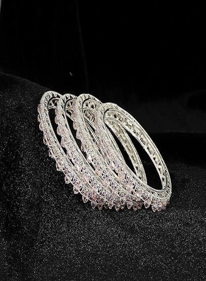 BANGLESKART Stylish Metal Zircon Gemstone & Pearls Beads Bangles Kada Set For Women & Girls Traditional Women's Bangles Premium Bangles For Party, Wedding, Occasion Set of 4 Pink - Image 4