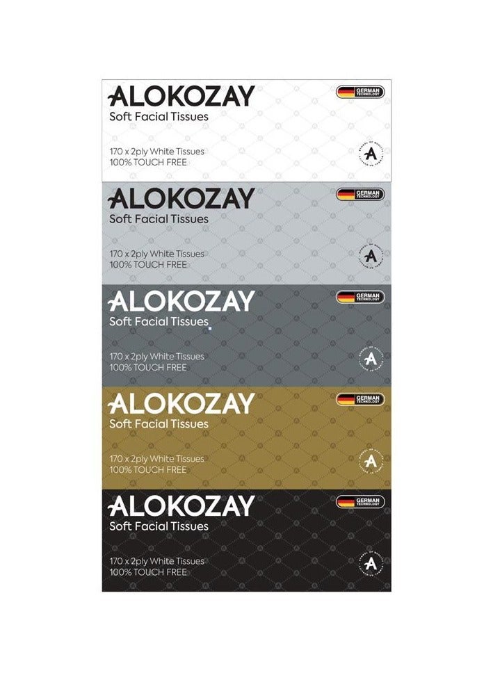 Alokozay مناديل وجه بيضاء ناعمة خالية من اللمس ALOKOZAY 170 × 2 طبقة عبوة من 5