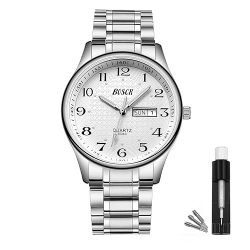 BOSCK Quartz Mens Watch,40mm Easy Read Auto Date and Day Stainless Steel Business Watch for Men,30M Waterproof Sports Mens Wrist Watches，Silver-Silver - Image 1