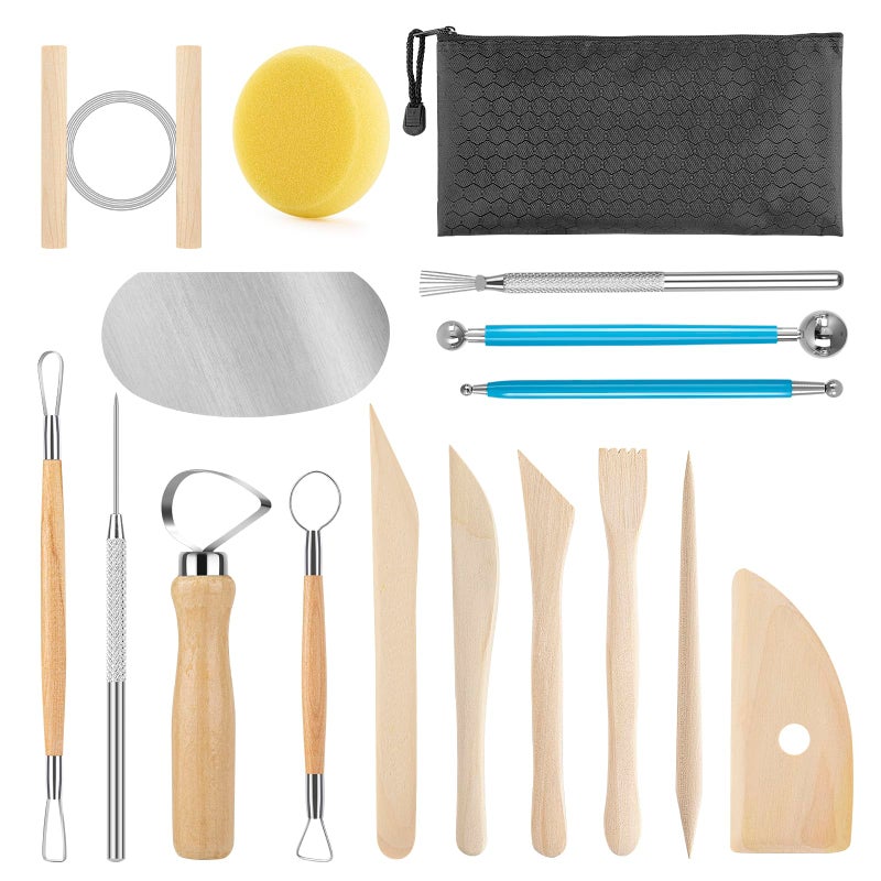 KACOLA Pottery Tool Kit 17pcs Polymer Clay Tools Modeling Clay Sculpting Tools Kit Ceramics Tools Trimming Embossing Pattern Smooth Wooden Handles