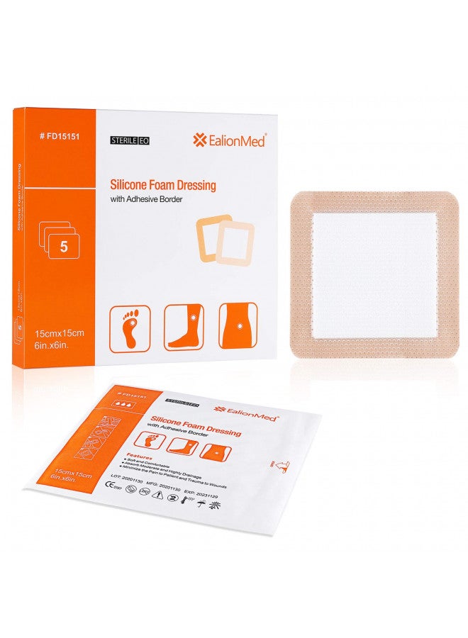 EalionMed Silicone Foam Dressing with Gentle Adhesive Border 6''x6'' 5 Pack, Painless Removal High Absorbency Waterproof Bed Sore Bandage for Pressure Ulcer, Leg Ulcer, Diabetic Foot Ulcer by EalionMed - Image 1