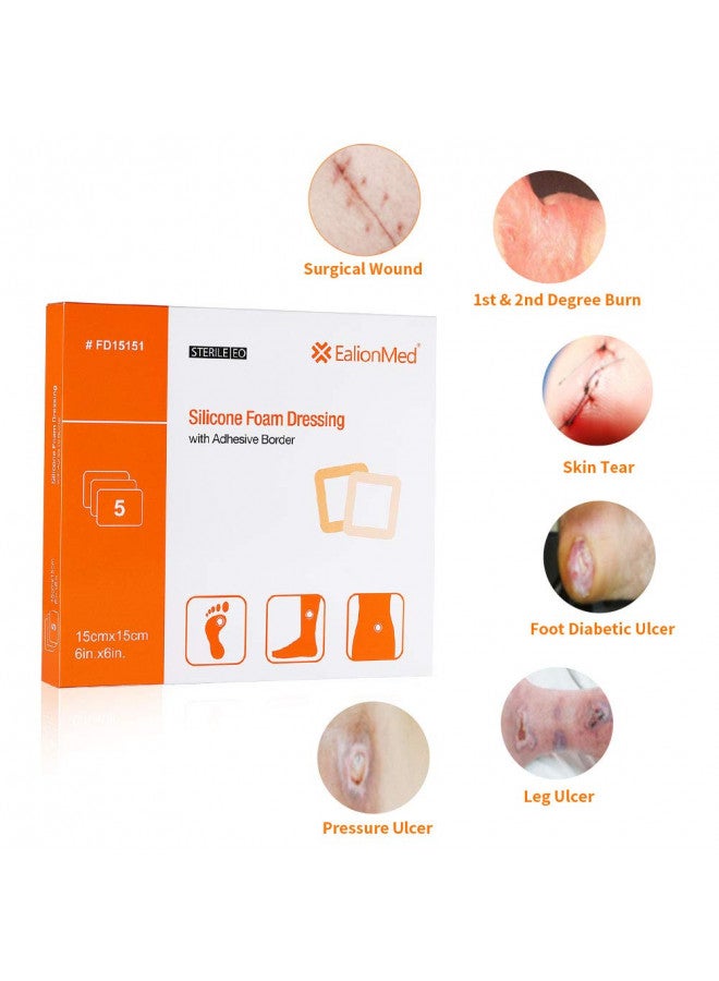 EalionMed Silicone Foam Dressing with Gentle Adhesive Border 6''x6'' 5 Pack, Painless Removal High Absorbency Waterproof Bed Sore Bandage for Pressure Ulcer, Leg Ulcer, Diabetic Foot Ulcer by EalionMed - Image 2