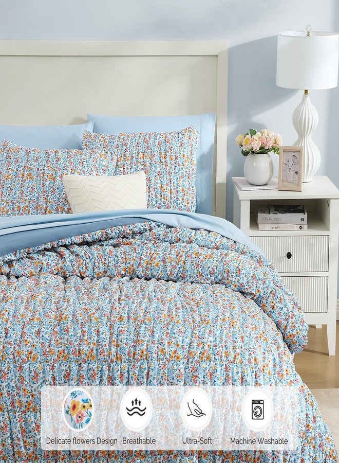 BLOOMHAVEN Queen Comforter Set - 7 Pieces Blue Classic Puff Floral Bedding Sets for All Seasons, Shabby Chic Farmhouse Bed in a Bag Queen with Wildflowers Fluffy Comforter, Sheets, Pillowcases & Shams - Image 4