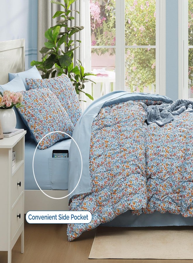 BLOOMHAVEN Queen Comforter Set - 7 Pieces Blue Classic Puff Floral Bedding Sets for All Seasons, Shabby Chic Farmhouse Bed in a Bag Queen with Wildflowers Fluffy Comforter, Sheets, Pillowcases & Shams - Image 3