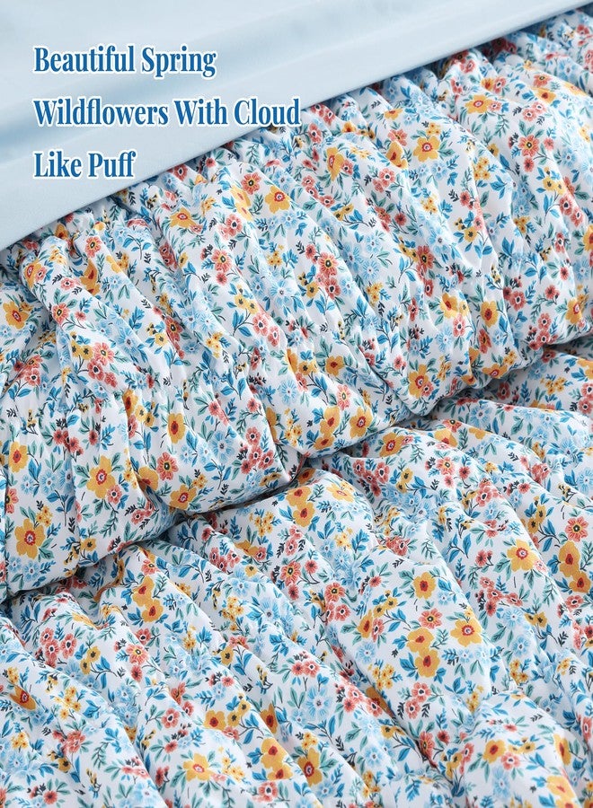 BLOOMHAVEN Queen Comforter Set - 7 Pieces Blue Classic Puff Floral Bedding Sets for All Seasons, Shabby Chic Farmhouse Bed in a Bag Queen with Wildflowers Fluffy Comforter, Sheets, Pillowcases & Shams - Image 2
