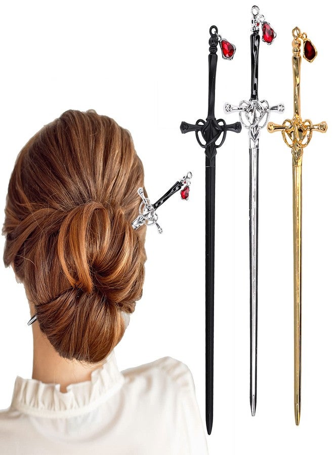 Whaline 3 Pieces Chinese Sword Hair Sticks Metal Sword Hair Pins Stick with Gemstone Pendant Vintage Style Hair Buns Chopsticks Black Silver Gold Color for Women Girls Long Thick Hair Accessories - Image 1