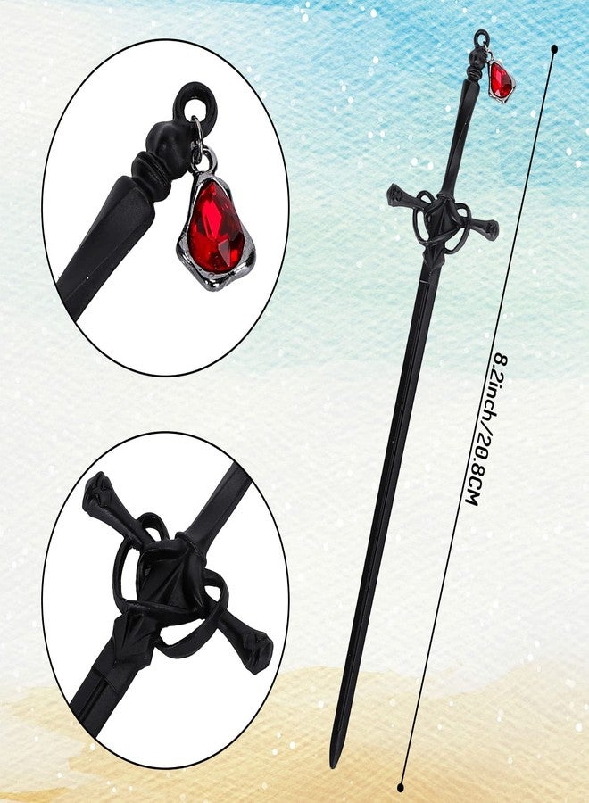 Whaline 3 Pieces Chinese Sword Hair Sticks Metal Sword Hair Pins Stick with Gemstone Pendant Vintage Style Hair Buns Chopsticks Black Silver Gold Color for Women Girls Long Thick Hair Accessories - Image 2