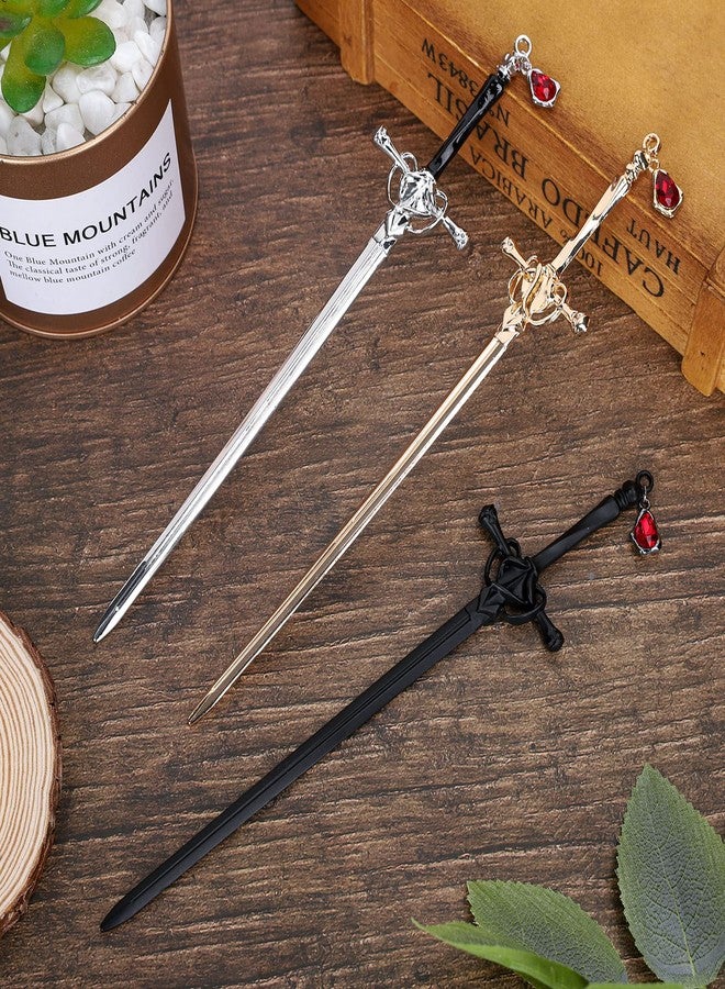 Whaline 3 Pieces Chinese Sword Hair Sticks Metal Sword Hair Pins Stick with Gemstone Pendant Vintage Style Hair Buns Chopsticks Black Silver Gold Color for Women Girls Long Thick Hair Accessories - Image 3