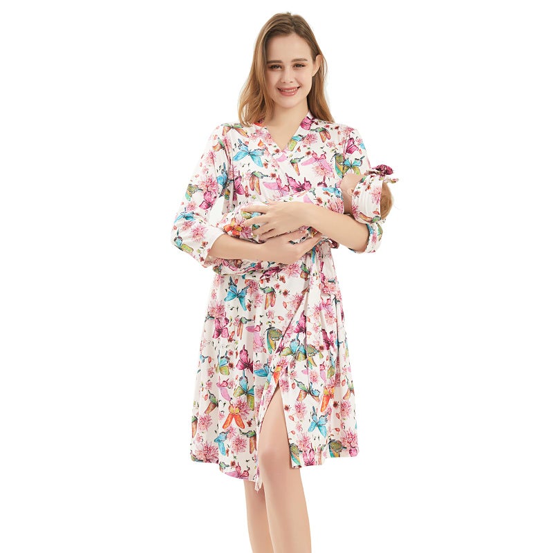 Galabloomer Maternity Robe and Baby Receiving Blanket, Matching Mommy Labor Delivery Robe and Swaddle Set ï¼ˆm, pink butterfly - Image 1
