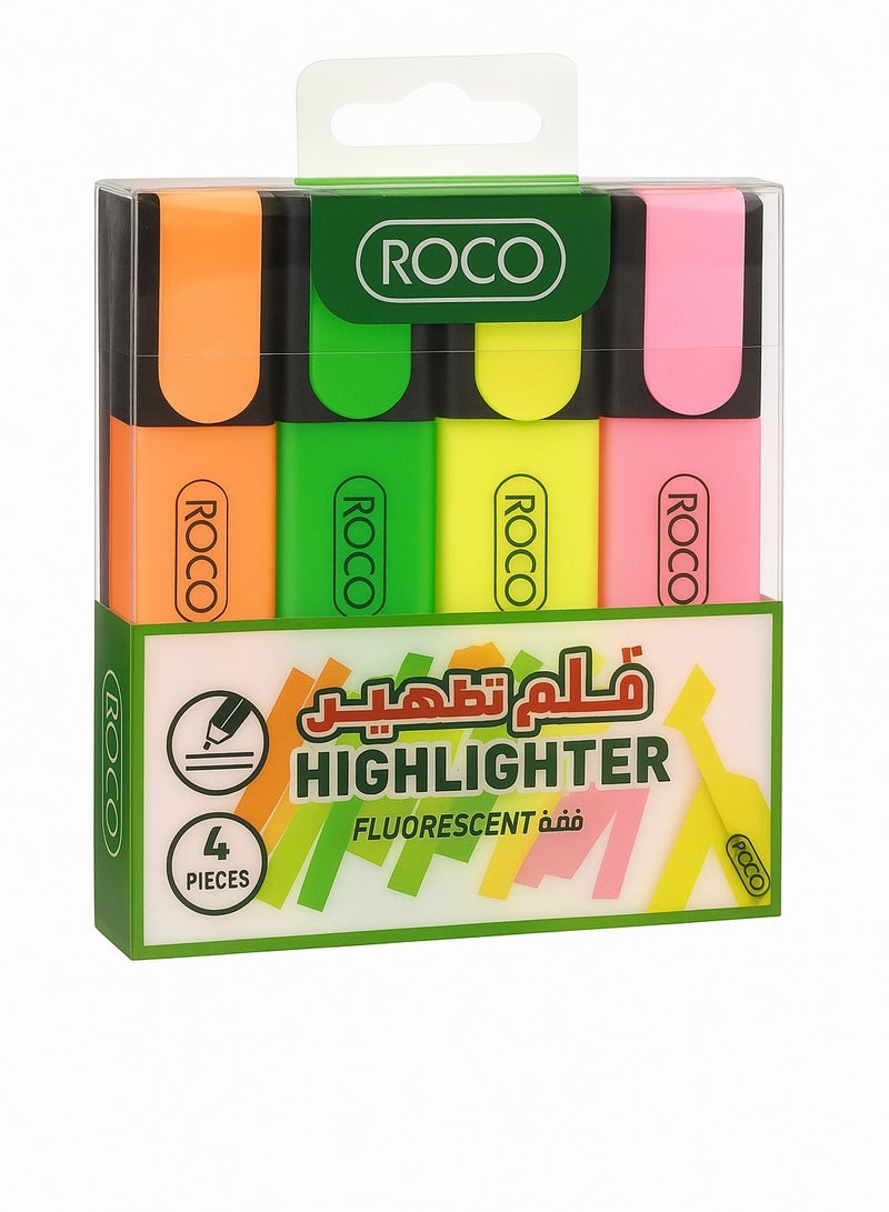 ROCO Highlighter Pack of 4 Assorted Colors | Smooth Fluorescent Marker Pens for School, Office, Home - Image 1