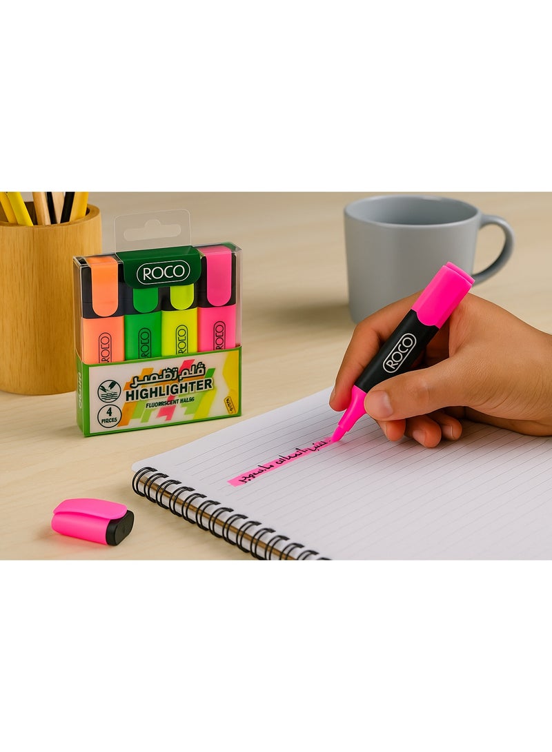 ROCO Highlighter Pack of 4 Assorted Colors | Smooth Fluorescent Marker Pens for School, Office, Home - Image 2