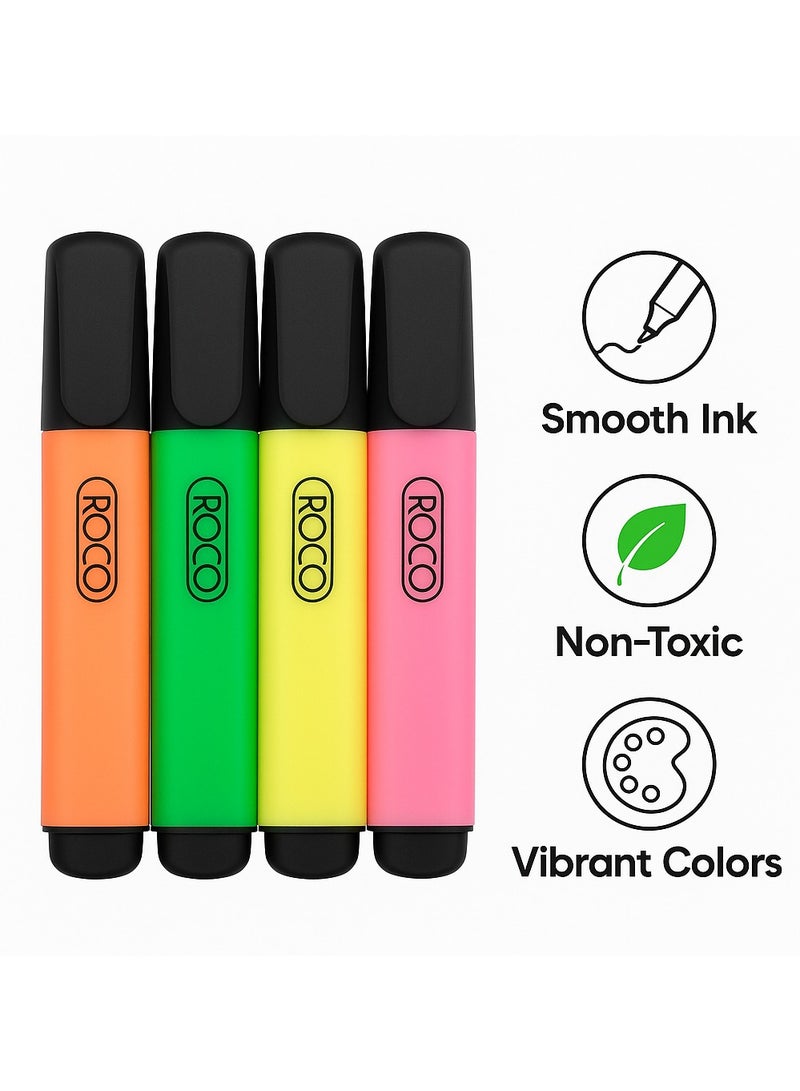 ROCO Highlighter Pack of 4 Assorted Colors | Smooth Fluorescent Marker Pens for School, Office, Home - Image 3