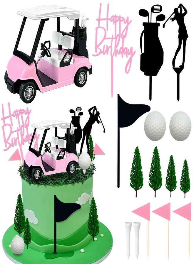 KDPATFAV Golf Cake Decorations Golf Cart Cake Toppers Heading for The Pink Cake Topper with Cart Flag White Ball for Theme Party Supplies (Pink) - Image 1