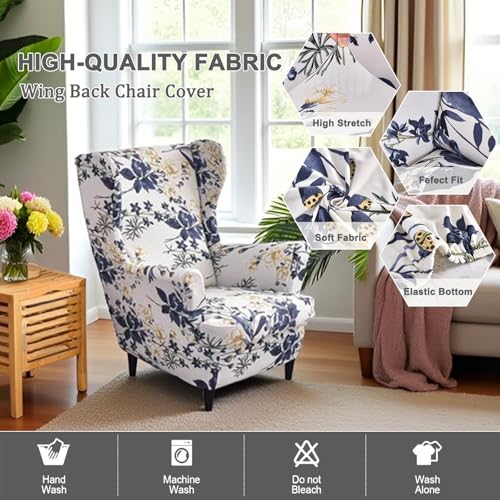 NILUOH Wing Chair Slipcovers 2 Pieces Stretch Spandex Wingback Chair Covers Sofa Slipcover Printing Wingback Armchair Slipcovers Furniture Protector Couch Soft with Elastic Bottom for Wingback Chairs,12 - Image 2