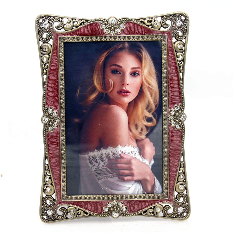 LXZ Vintage Retro Brass Plated Metal Picture Frame Decorated with Crystals Clear Glass Front Cover Tabletop Display Vertically or Horizontally Size 4 x 6 Inches