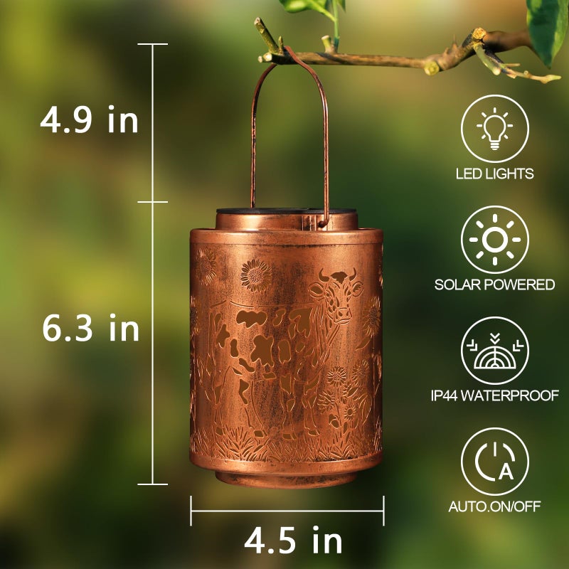 Tepaken Solar Lanterns Garden Decor Birthday Gifts for Women Mon Grandma Metal Hanging Solar Lights Waterproof Outdoor Decoration for Outside LED Lanterns for Yard Patio Lawn (Cow) - Image 3