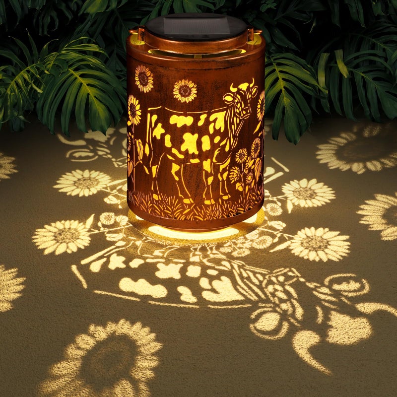 Tepaken Solar Lanterns Garden Decor Birthday Gifts for Women Mon Grandma Metal Hanging Solar Lights Waterproof Outdoor Decoration for Outside LED Lanterns for Yard Patio Lawn (Cow) - Image 1
