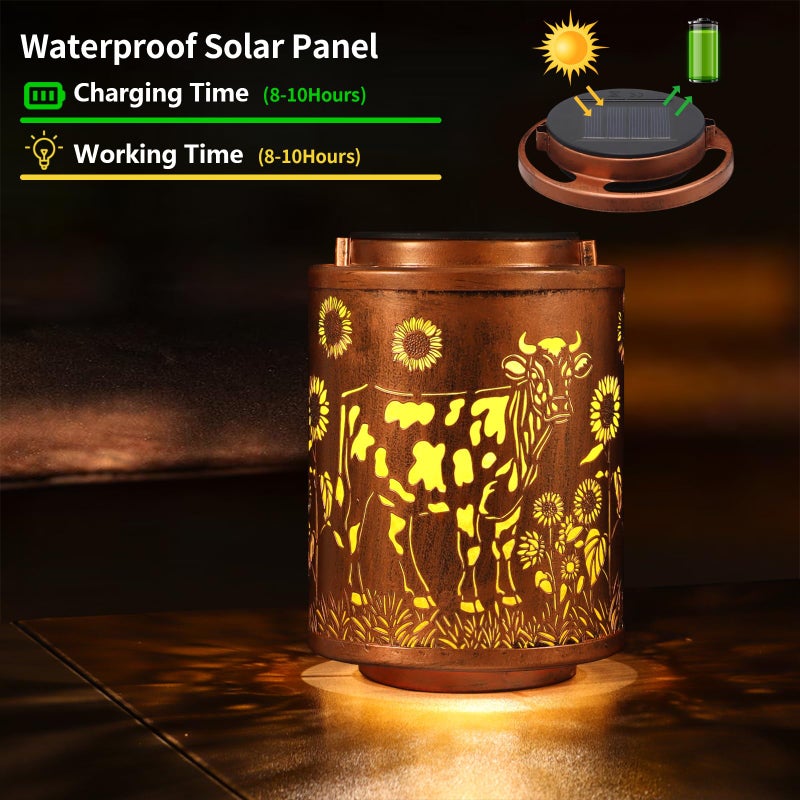 Tepaken Solar Lanterns Garden Decor Birthday Gifts for Women Mon Grandma Metal Hanging Solar Lights Waterproof Outdoor Decoration for Outside LED Lanterns for Yard Patio Lawn (Cow) - Image 2