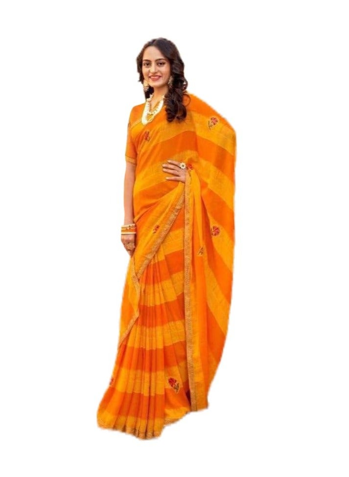 Grab Mantra Georgette Yellow Beautiful Printed Saree With Unstitched Blouse  - Image 1