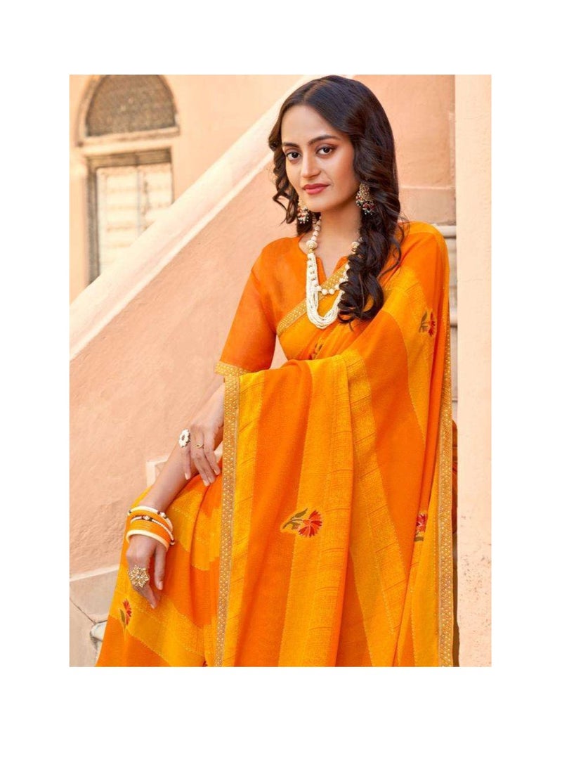 Grab Mantra Georgette Yellow Beautiful Printed Saree With Unstitched Blouse  - Image 2