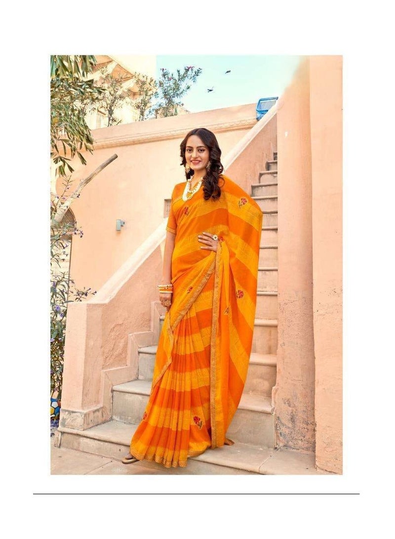 Grab Mantra Georgette Yellow Beautiful Printed Saree With Unstitched Blouse  - Image 3