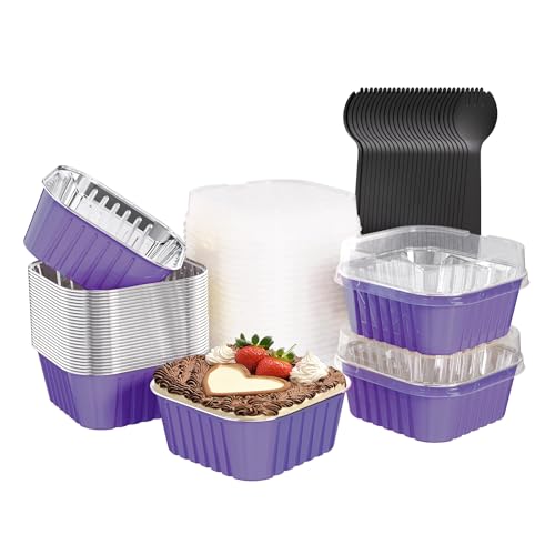 Ksmxos 25 Pack Square Mini Cake Pans with LidsMini Loaf Pans with LidsAluminum Foil Baking CupsDisposable Ramekins Cupcake CupsDessert Cups for Wedding Birthday Party Picnics5oz Purple - Image 1